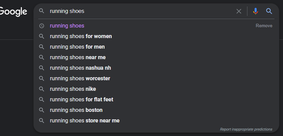 An example of Google Auto Complete for the keyword "running shoes"